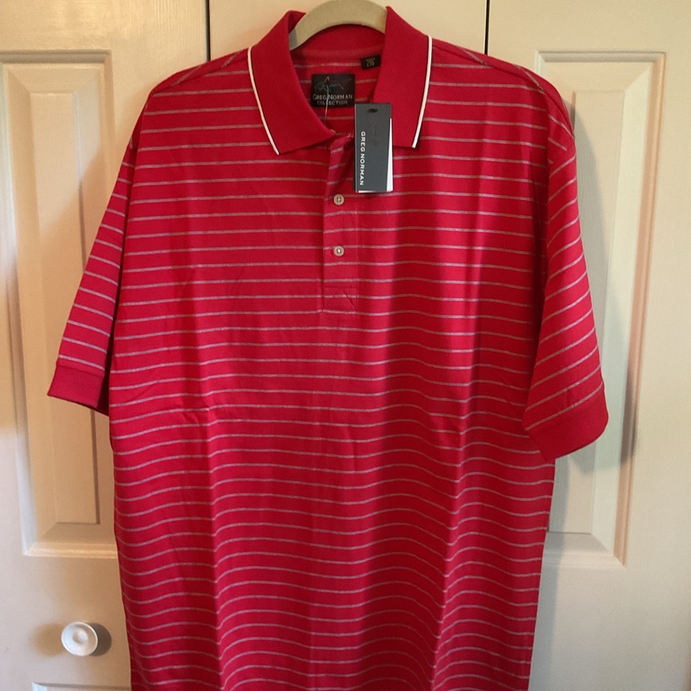 Greg Norman Collection Red and White Striped Polo Shirt